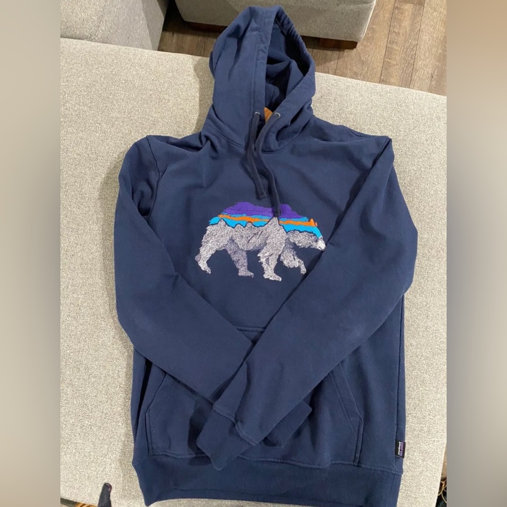 Patagonia Mens Hoodie Blue Size Small Bear Logo Organic Cotton